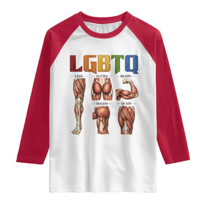 LGBTQ Acronym Funny Fitness Gym Rainbow Muscle Graphic Raglan Shirt Legs Glutes Biceps Triceps Quads TS02 White Red Print Your Wear