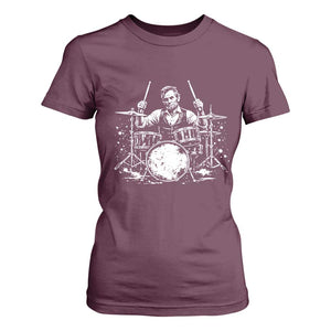 Vintage Abraham Lincoln Playing Drums Graphic T Shirt For Women Abe Musician Patriotic Rockstar Drummer President TS02 Maroon Print Your Wear