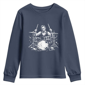 Vintage Abraham Lincoln Playing Drums Graphic Youth Sweatshirt Abe Musician Patriotic Rockstar Drummer President TS02 Navy Print Your Wear