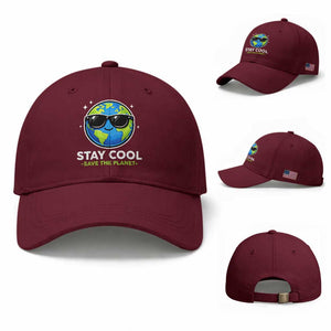 Stay Cool Save The Planet Eco-Friendly Earth Day Baseball Cap Cute Cartoon Globe with Sunglasses for Environmental Awareness TS02 Baseball Cap Universal Fit Maroon Print Your Wear
