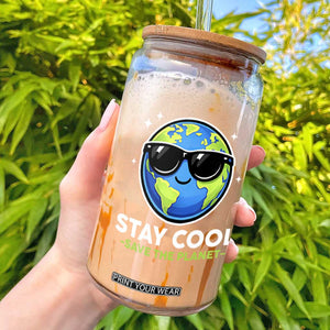 Stay Cool Save The Planet Eco-Friendly Earth Day Glass Can Cute Cartoon Globe with Sunglasses for Environmental Awareness TS02 Black Print Your Wear