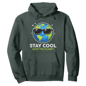 Stay Cool Save The Planet Eco-Friendly Earth Day Hoodie Cute Cartoon Globe with Sunglasses for Environmental Awareness TS02 Dark Forest Green Print Your Wear