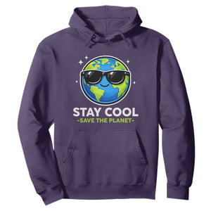 Stay Cool Save The Planet Eco-Friendly Earth Day Hoodie Cute Cartoon Globe with Sunglasses for Environmental Awareness TS02 Purple Print Your Wear