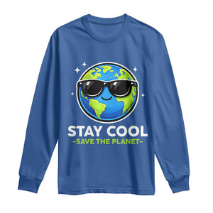 Stay Cool Save The Planet Eco-Friendly Earth Day Long Sleeve Shirt Cute Cartoon Globe with Sunglasses for Environmental Awareness TS02 Royal Blue Print Your Wear