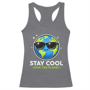 Stay Cool Save The Planet Eco-Friendly Earth Day Racerback Tank Top Cute Cartoon Globe with Sunglasses for Environmental Awareness TS02 Charcoal Print Your Wear