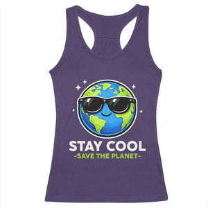 Stay Cool Save The Planet Eco-Friendly Earth Day Racerback Tank Top Cute Cartoon Globe with Sunglasses for Environmental Awareness TS02 Purple Print Your Wear
