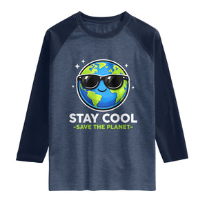 Stay Cool Save The Planet Eco-Friendly Earth Day Raglan Shirt Cute Cartoon Globe with Sunglasses for Environmental Awareness TS02 Heather Denim Navy Print Your Wear