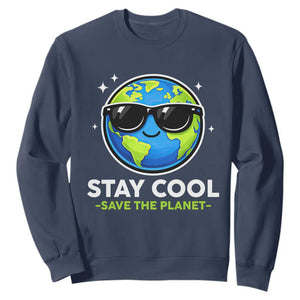 Stay Cool Save The Planet Eco-Friendly Earth Day Sweatshirt Cute Cartoon Globe with Sunglasses for Environmental Awareness TS02 Navy Print Your Wear