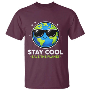 Stay Cool Save The Planet Eco-Friendly Earth Day T Shirt Cute Cartoon Globe with Sunglasses for Environmental Awareness TS02 Maroon Print Your Wear