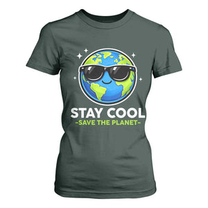 Stay Cool Save The Planet Eco-Friendly Earth Day T Shirt For Women Cute Cartoon Globe with Sunglasses for Environmental Awareness TS02 Dark Forest Green Print Your Wear