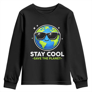 Stay Cool Save The Planet Eco-Friendly Earth Day Youth Sweatshirt Cute Cartoon Globe with Sunglasses for Environmental Awareness TS02 Black Print Your Wear