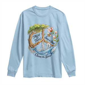 Plant The Trees Save The Bees Clean The Seas Long Sleeve Shirt Vintage Peace Sign Aesthetic Nature Lover Ocean Conservation TS02 Light Blue Print Your Wear