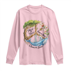 Plant The Trees Save The Bees Clean The Seas Long Sleeve Shirt Vintage Peace Sign Aesthetic Nature Lover Ocean Conservation TS02 Light Pink Print Your Wear