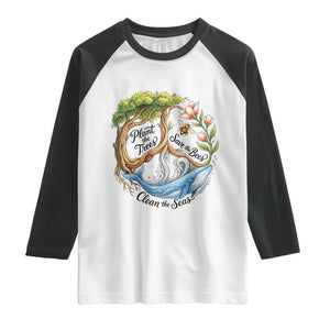 Plant The Trees Save The Bees Clean The Seas Raglan Shirt Vintage Peace Sign Aesthetic Nature Lover Ocean Conservation TS02 White Black Print Your Wear