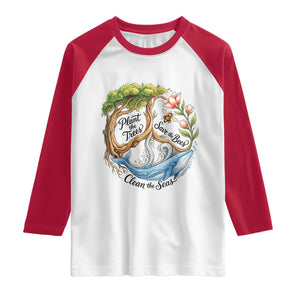Plant The Trees Save The Bees Clean The Seas Raglan Shirt Vintage Peace Sign Aesthetic Nature Lover Ocean Conservation TS02 White Red Print Your Wear