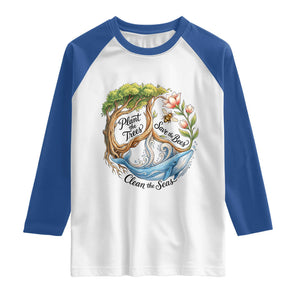 Plant The Trees Save The Bees Clean The Seas Raglan Shirt Vintage Peace Sign Aesthetic Nature Lover Ocean Conservation TS02 White Royal Print Your Wear