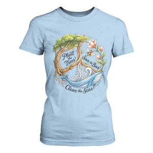 Plant The Trees Save The Bees Clean The Seas T Shirt For Women Vintage Peace Sign Aesthetic Nature Lover Ocean Conservation TS02 Light Blue Print Your Wear