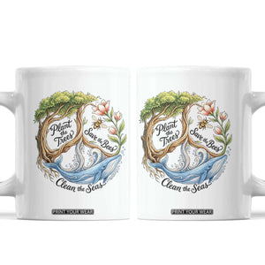 Plant The Trees Save The Bees Clean The Seas Coffee Mug Vintage Peace Sign Aesthetic Nature Lover Ocean Conservation TS02 White Print Your Wear