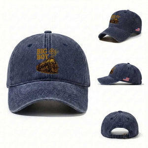 Vintage American Steam Train Locomotive Legend Washed Cotton Baseball Cap Compass Adventure Heritage Pride Graphic