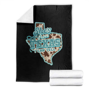 Retro Western She is From Texas I Can Tell Throw Blanket Trendy Turquoise Glitter Coquette and Cow Print Effect Graphic