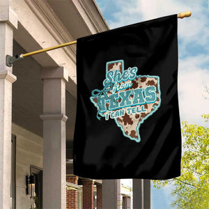 Retro Western She is From Texas I Can Tell Garden Flag Trendy Turquoise Glitter Coquette and Cow Print Effect Graphic