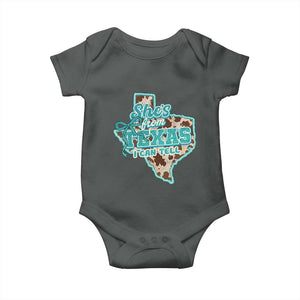 Retro Western She is From Texas I Can Tell Baby Onesie Trendy Turquoise Glitter Coquette and Cow Print Effect Graphic