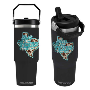 Retro Western She is From Texas I Can Tell Flip Straw Tumbler Trendy Turquoise Glitter Coquette and Cow Print Effect Graphic