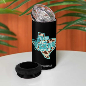 Retro Western She is From Texas I Can Tell 4 in 1 Can Cooler Tumbler Trendy Turquoise Glitter Coquette and Cow Print Effect Graphic TS02 Print Your Wear