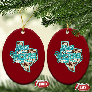 Retro Western She is From Texas I Can Tell Ceramic Ornament Trendy Turquoise Glitter Coquette and Cow Print Effect Graphic