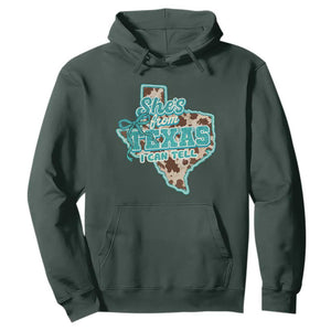 Retro Western She is From Texas I Can Tell Hoodie Trendy Turquoise Glitter Coquette and Cow Print Effect Graphic