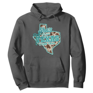 Retro Western She is From Texas I Can Tell Hoodie Trendy Turquoise Glitter Coquette and Cow Print Effect Graphic