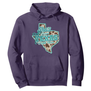 Retro Western She is From Texas I Can Tell Hoodie Trendy Turquoise Glitter Coquette and Cow Print Effect Graphic