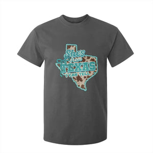Retro Western She is From Texas I Can Tell T Shirt For Kid Trendy Turquoise Glitter Coquette and Cow Print Effect Graphic