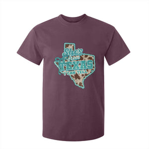 Retro Western She is From Texas I Can Tell T Shirt For Kid Trendy Turquoise Glitter Coquette and Cow Print Effect Graphic