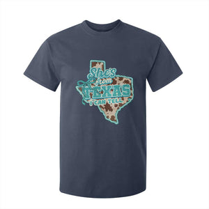 Retro Western She is From Texas I Can Tell T Shirt For Kid Trendy Turquoise Glitter Coquette and Cow Print Effect Graphic