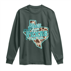 Retro Western She is From Texas I Can Tell Long Sleeve Shirt Trendy Turquoise Glitter Coquette and Cow Print Effect Graphic
