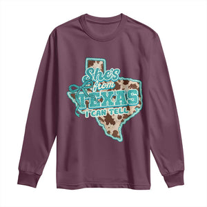 Retro Western She is From Texas I Can Tell Long Sleeve Shirt Trendy Turquoise Glitter Coquette and Cow Print Effect Graphic
