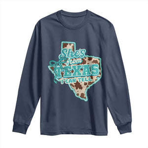 Retro Western She is From Texas I Can Tell Long Sleeve Shirt Trendy Turquoise Glitter Coquette and Cow Print Effect Graphic