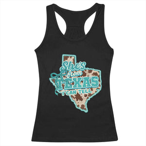 Retro Western She is From Texas I Can Tell Racerback Tank Top Trendy Turquoise Glitter Coquette and Cow Print Effect Graphic