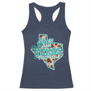 Retro Western She is From Texas I Can Tell Racerback Tank Top Trendy Turquoise Glitter Coquette and Cow Print Effect Graphic