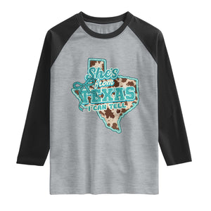 Retro Western She is From Texas I Can Tell Raglan Shirt Trendy Turquoise Glitter Coquette and Cow Print Effect Graphic