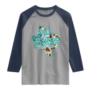 Retro Western She is From Texas I Can Tell Raglan Shirt Trendy Turquoise Glitter Coquette and Cow Print Effect Graphic