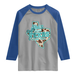 Retro Western She is From Texas I Can Tell Raglan Shirt Trendy Turquoise Glitter Coquette and Cow Print Effect Graphic