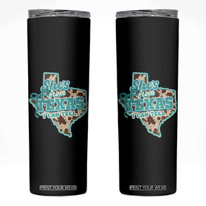 Retro Western She is From Texas I Can Tell Skinny Tumbler Trendy Turquoise Glitter Coquette and Cow Print Effect Graphic TS02 Black Print Your Wear