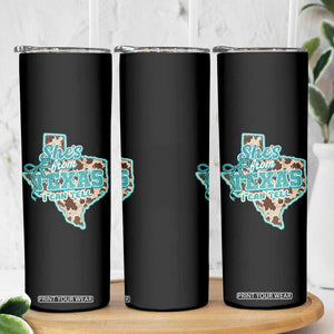 Retro Western She is From Texas I Can Tell Skinny Tumbler Trendy Turquoise Glitter Coquette and Cow Print Effect Graphic TS02 Print Your Wear