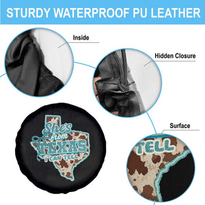 Retro Western She is From Texas I Can Tell Spare Tire Cover Trendy Turquoise Glitter Coquette and Cow Print Effect Graphic