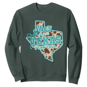 Retro Western She is From Texas I Can Tell Sweatshirt Trendy Turquoise Glitter Coquette and Cow Print Effect Graphic