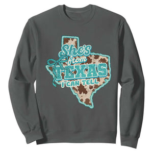 Retro Western She is From Texas I Can Tell Sweatshirt Trendy Turquoise Glitter Coquette and Cow Print Effect Graphic