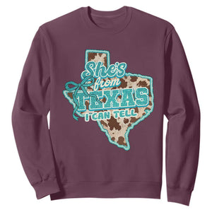 Retro Western She is From Texas I Can Tell Sweatshirt Trendy Turquoise Glitter Coquette and Cow Print Effect Graphic