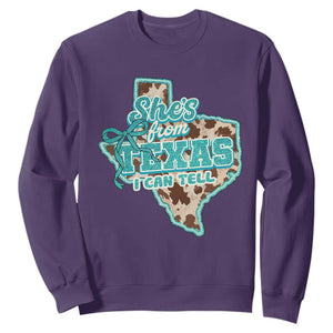 Retro Western She is From Texas I Can Tell Sweatshirt Trendy Turquoise Glitter Coquette and Cow Print Effect Graphic